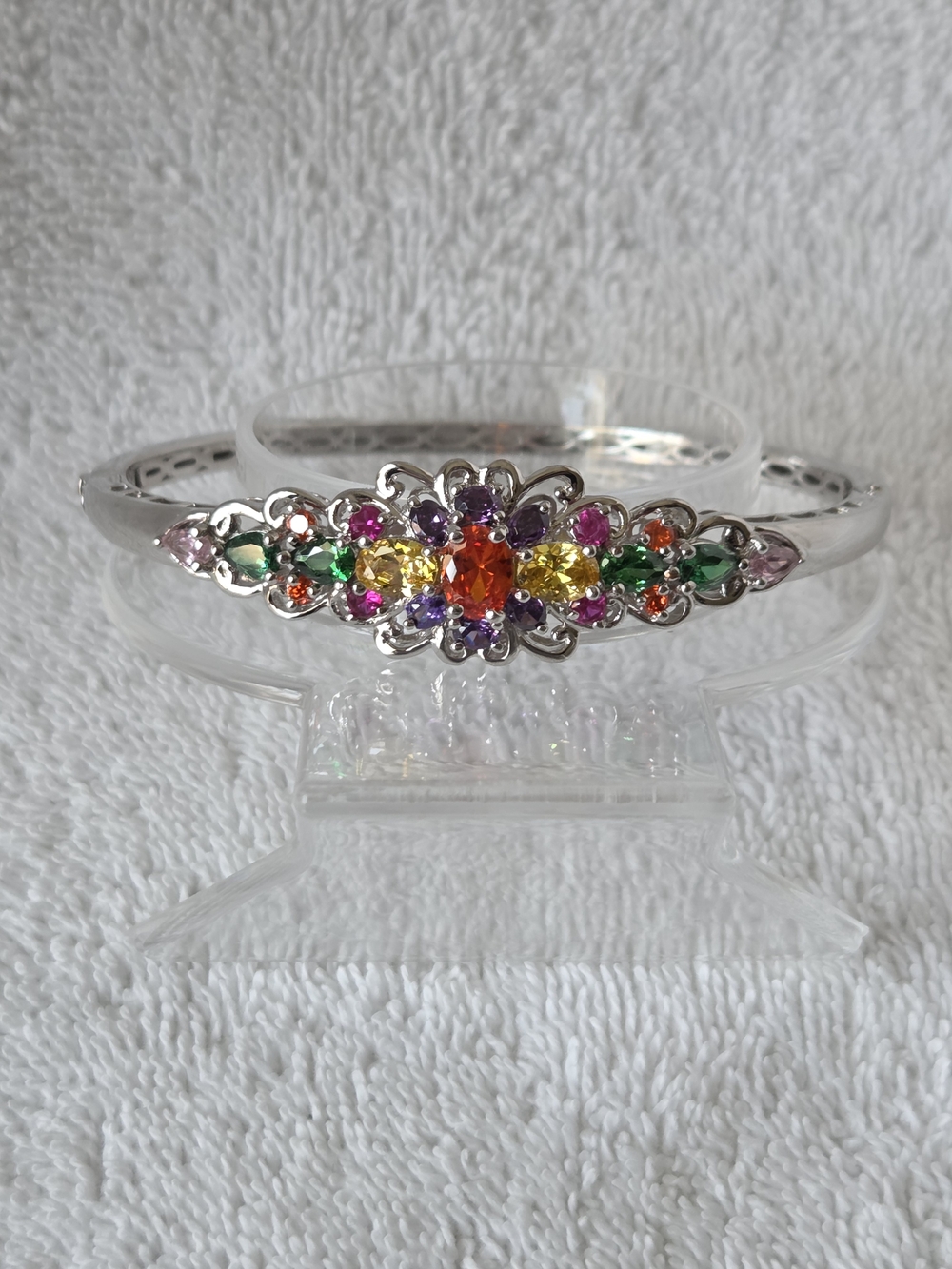 Multicolor Simulated Diamond Floral Bangle Bracelet